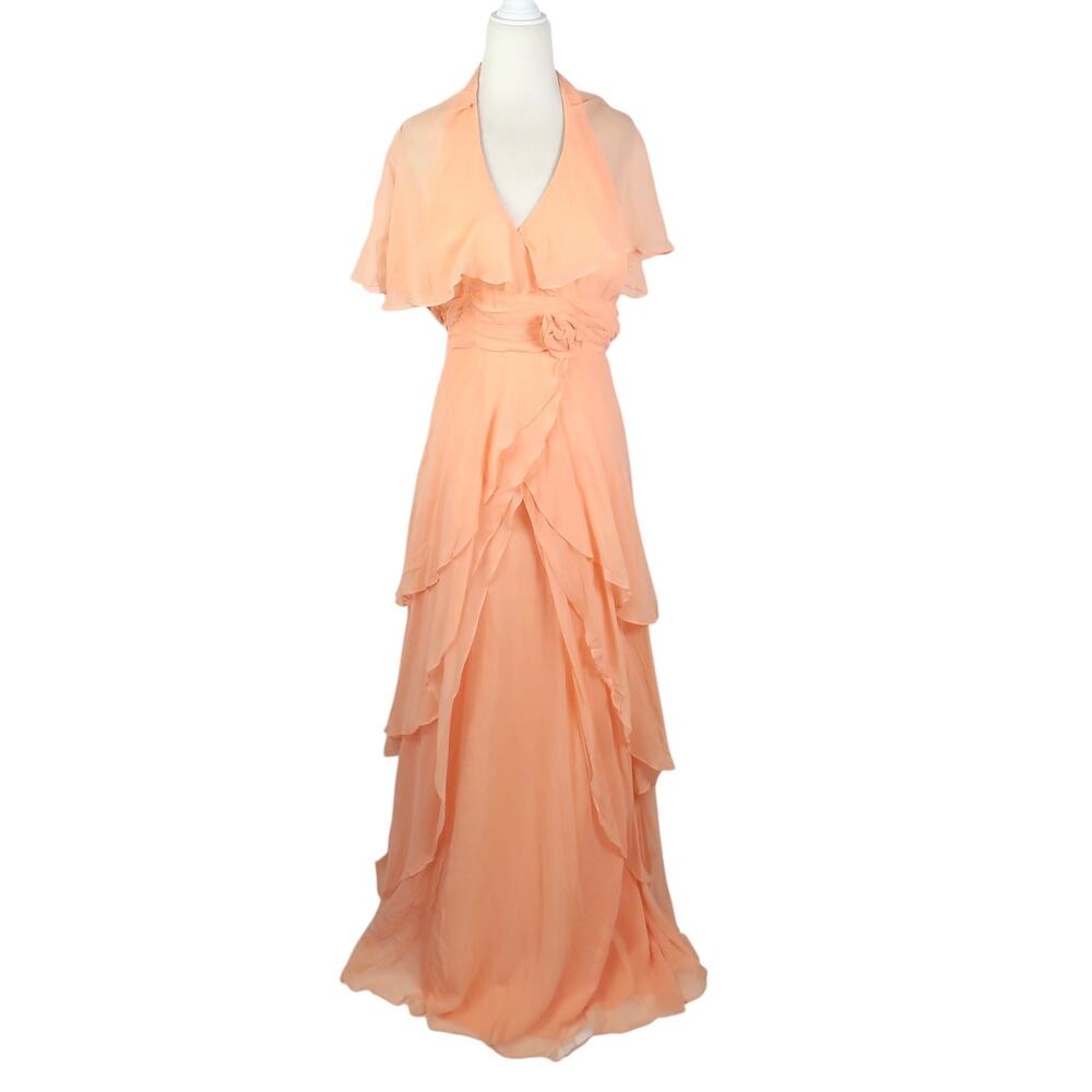 Vintage 70s Peach Orange Chiffon Ruffle Maxi Dress Formal Gown XS